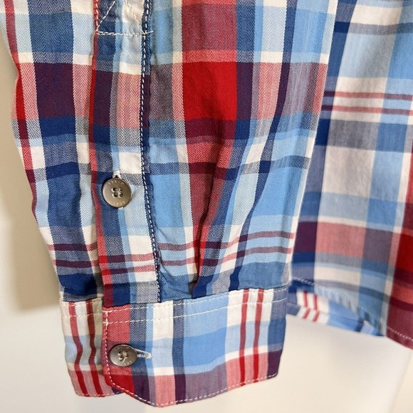 Levis Modern Fit Hooded Button Up L/S Shirt Mens Medium Red White Blue Plaid - Picture 9 of 16